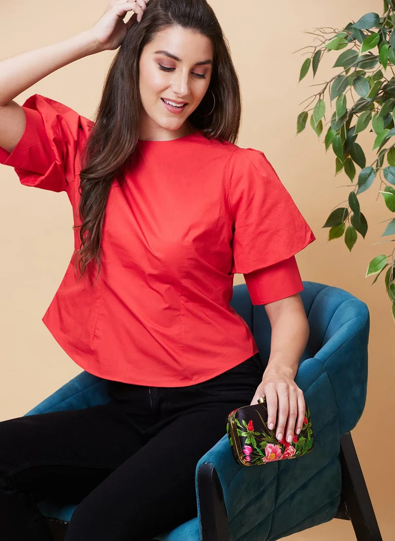 جلو باص Globus Women Orange-Coloured Round Neck Pure Cotton Top